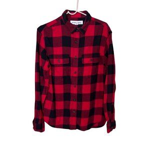 Old Navy Mens M Red & Black Plaid Flannel Shirt Regular Fit Built-In Flex Cabinc